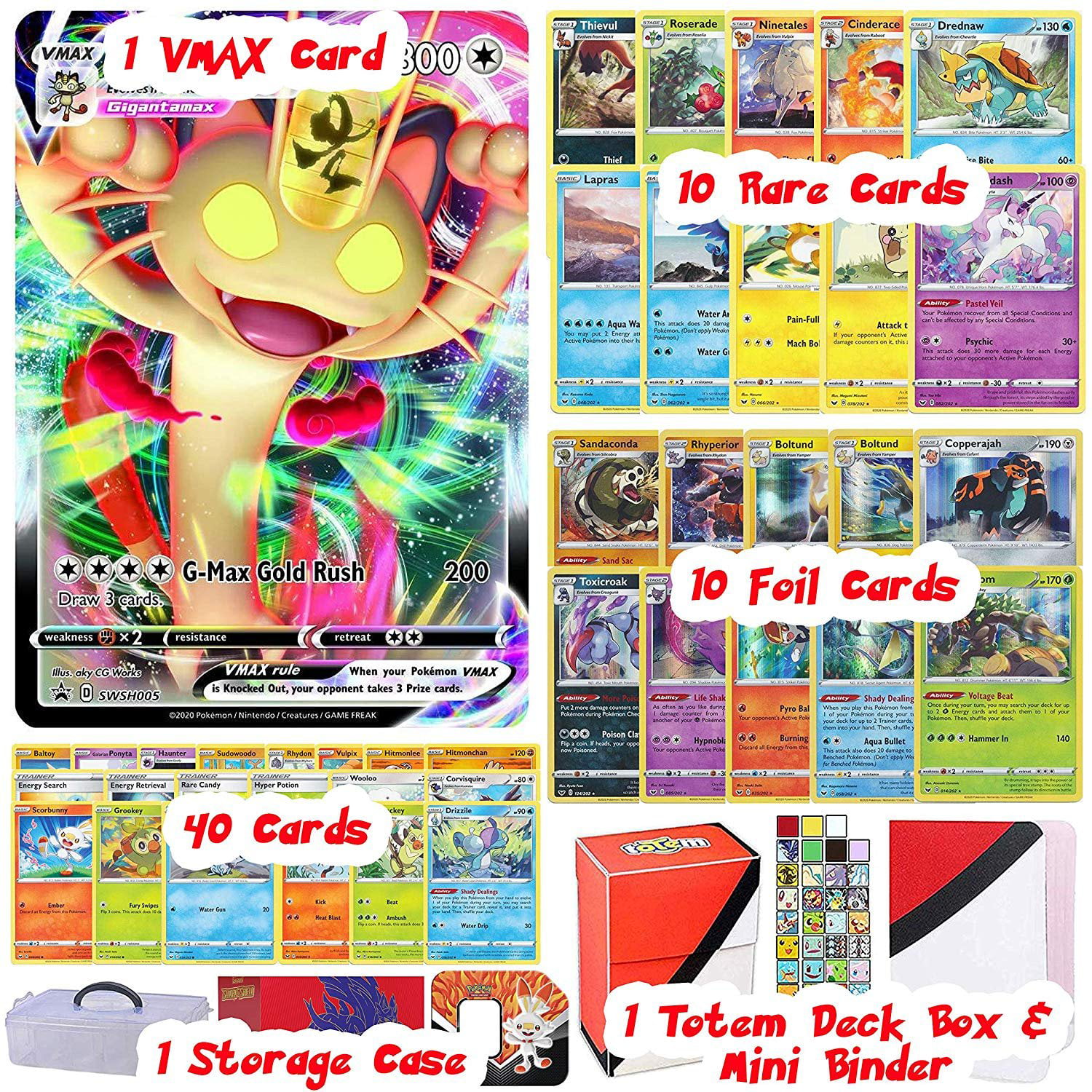 Totem World Sword And Shield Pokemon Vmax Card Ultra Rare Guaranteed With 10 Rares 10 Foil Holo 40 Regular Cards Totem Deck Box Mini Binder Collectors Album In A Storage Case Tin