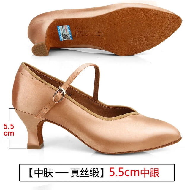 XIHAHA zapatos de baile para mujer, zapatos de baile de salón de tacón alto y bajo de satén color tostado, suela exterior blanda, zapatos de baile modernos, zapatos de mujer