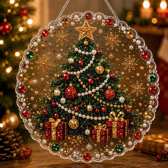 Christmas Pearl Diamond Painting Suncatcher Kit, DIY Craft Pre-Assembled Metal Chain, Acrylic Round Board with Lace Edge