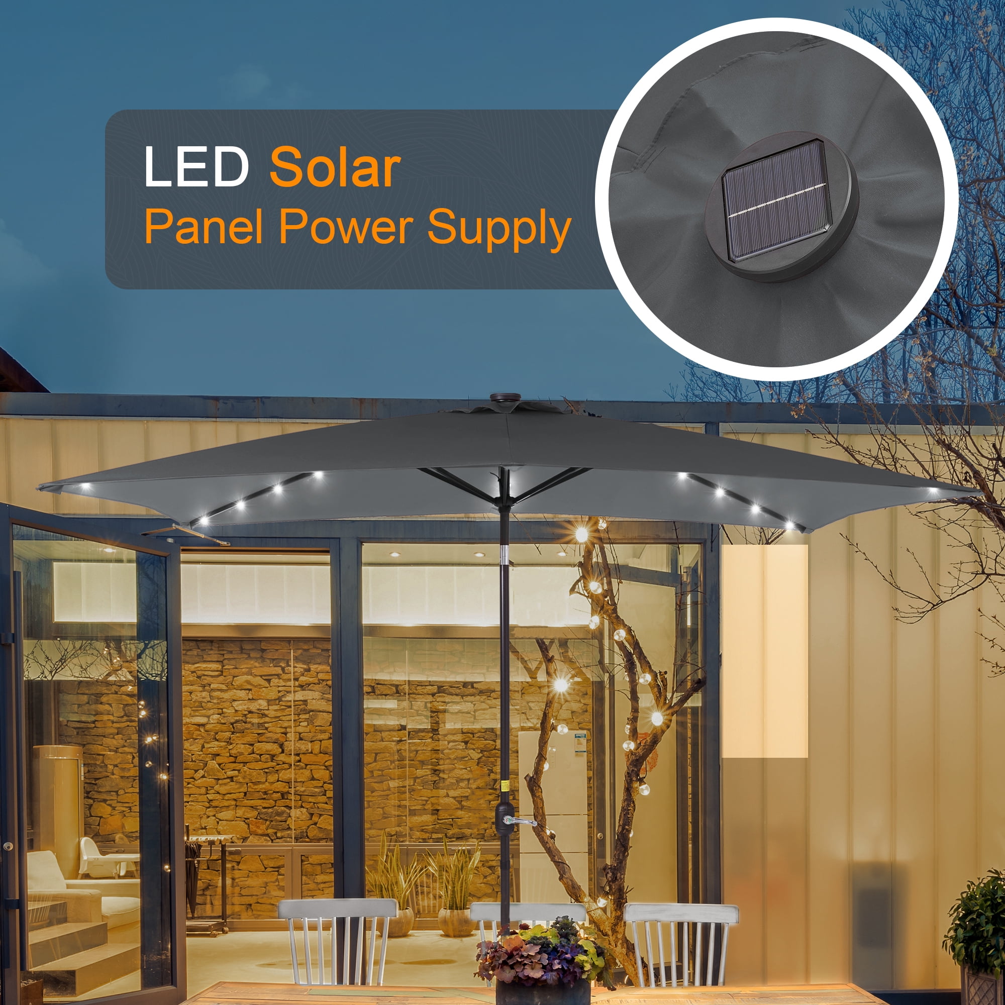 ACEGOSES LED Outdoor Patio 6x9ft Deck Solar Light Market Umbrella, Outside Table Umbrellas With Polyester canopy,Anthracite