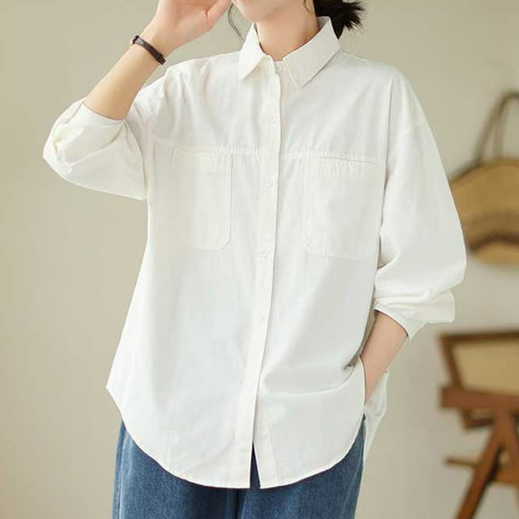 Casual Women's Tops Fashion Plus Size Women's Spring Lapel Collar Breasted Pocket Long Sleeved Solid Colored Workwear Pocket Shirt