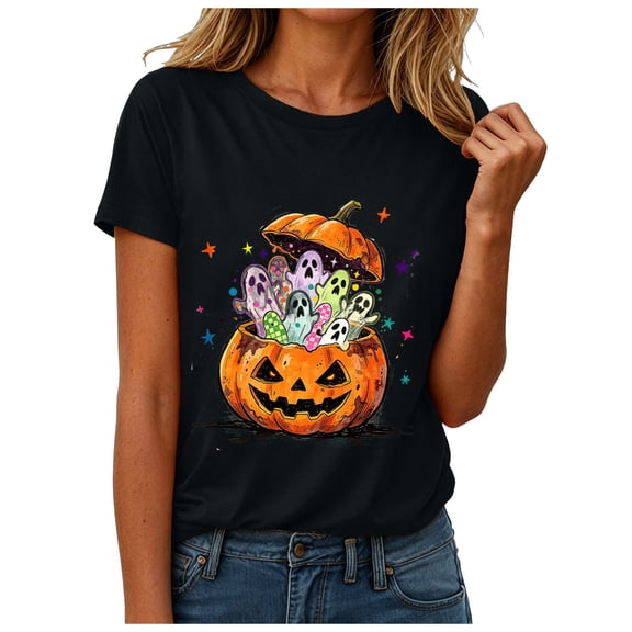 Akiihool Womens Tshirts Graphic Halloween Shirt Women Letter Print Graphic Plus Size Fall Tees Tops (Black,M)