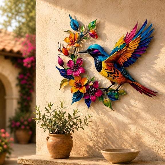 Hummingbird Bloom Metal Wall Art, Colourful Hummingbird Metal Art, Handcrafted Rust Resistant Iron Sculpture for Indoor Outdoor Home Wall Decor (1Pcs)