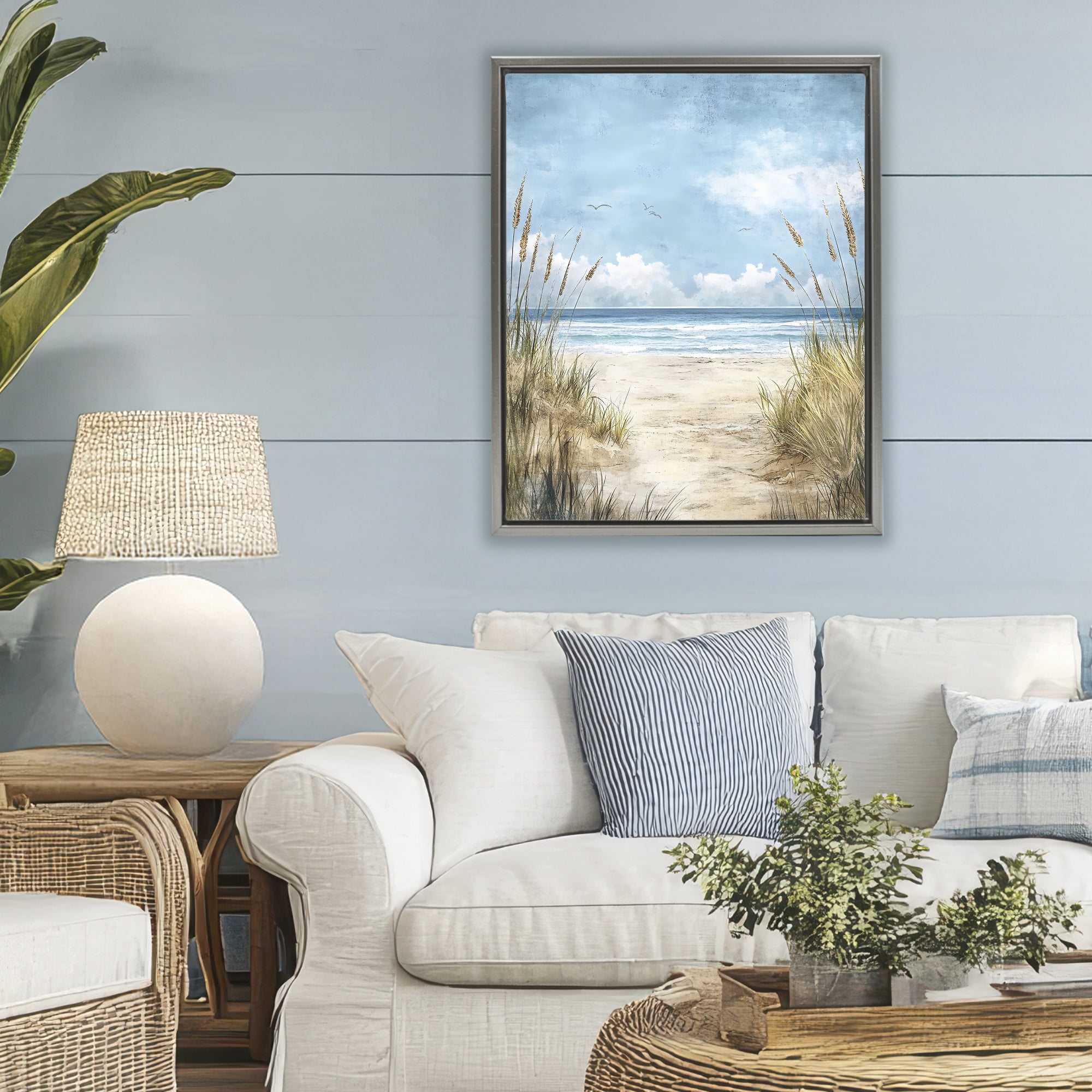 Stupell Industries Free Seagulls over Beach Dunes Gray Framed Floater Canvas Wall Art, design by Creative Studio