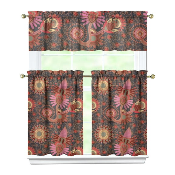 Chic Elegant 3-Piece Kitchen Curtains - Classic Vintage Floral Rod Pocket Window Treatment Panels with Valance