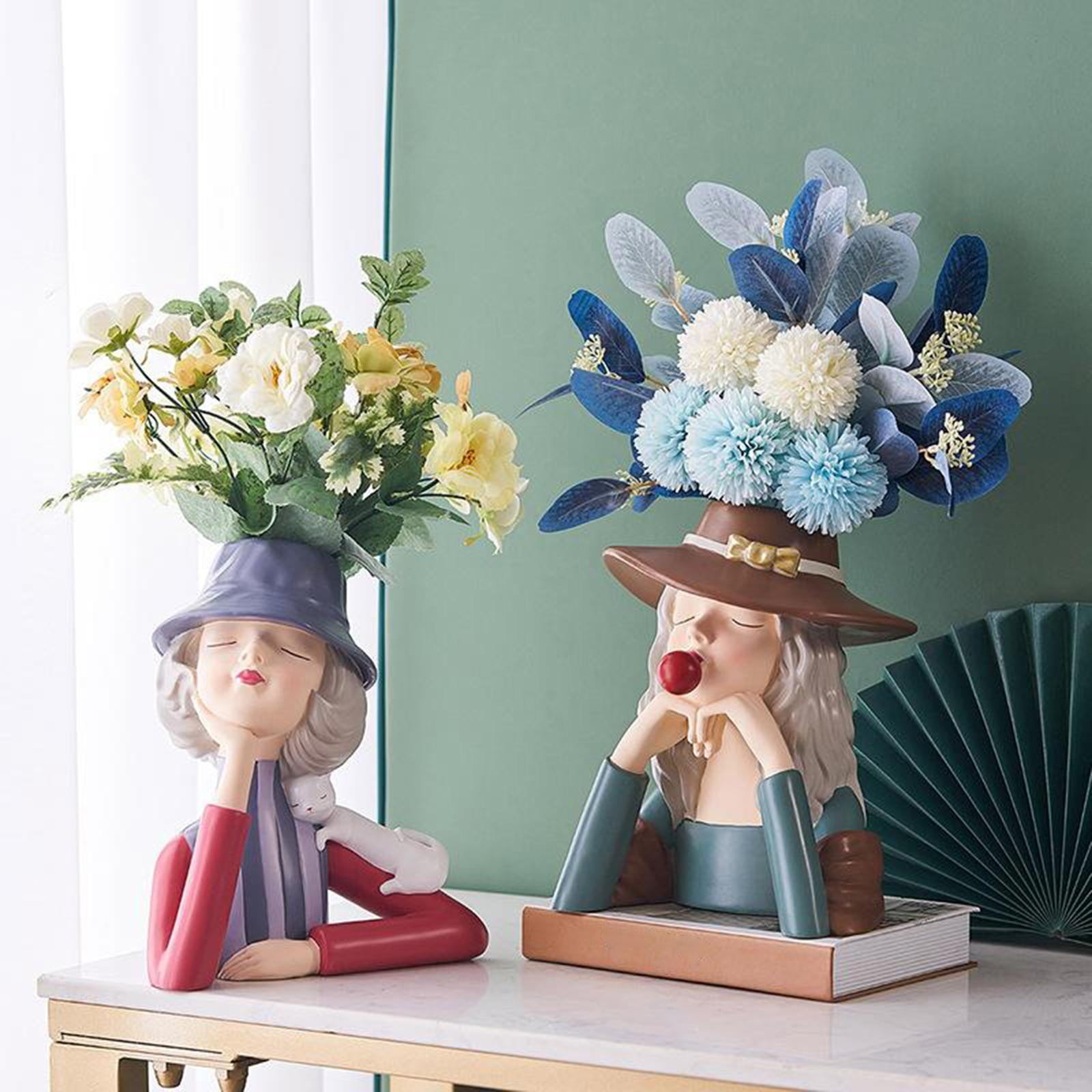 Green Baoblaze Blowing Gum Girl Flower Vase Ornaments Art Artificial Flower Dried Flowers Vase Home Room Dining Table Statue Decoration