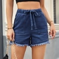 thumbnail image 6 of Bloomae Denim Shorts for Women Casual Drawstring Stretchy Elastic High Waist Comfy Short Jeans Lightweight Frayed Hem Summer Hot Pants with Pockets Dark Blue L, 6 of 6