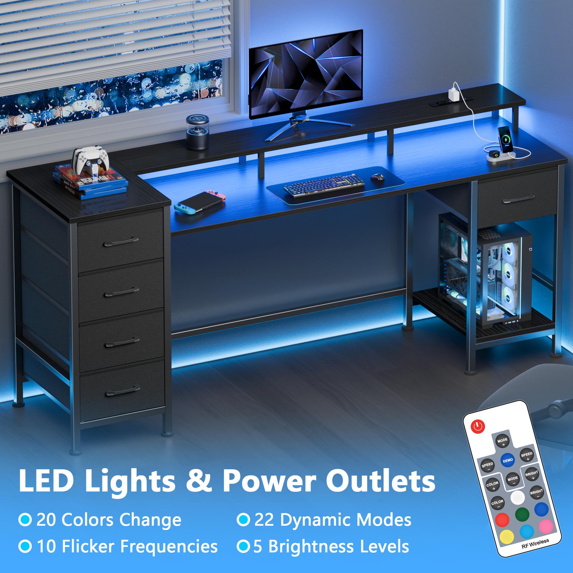 Satifur 61" Computer Desk with LED Lights & Power Outlets, Gaming Desk with 5 Fabric Drawers & Open Shelves, Reversible Home Office Desk,Black