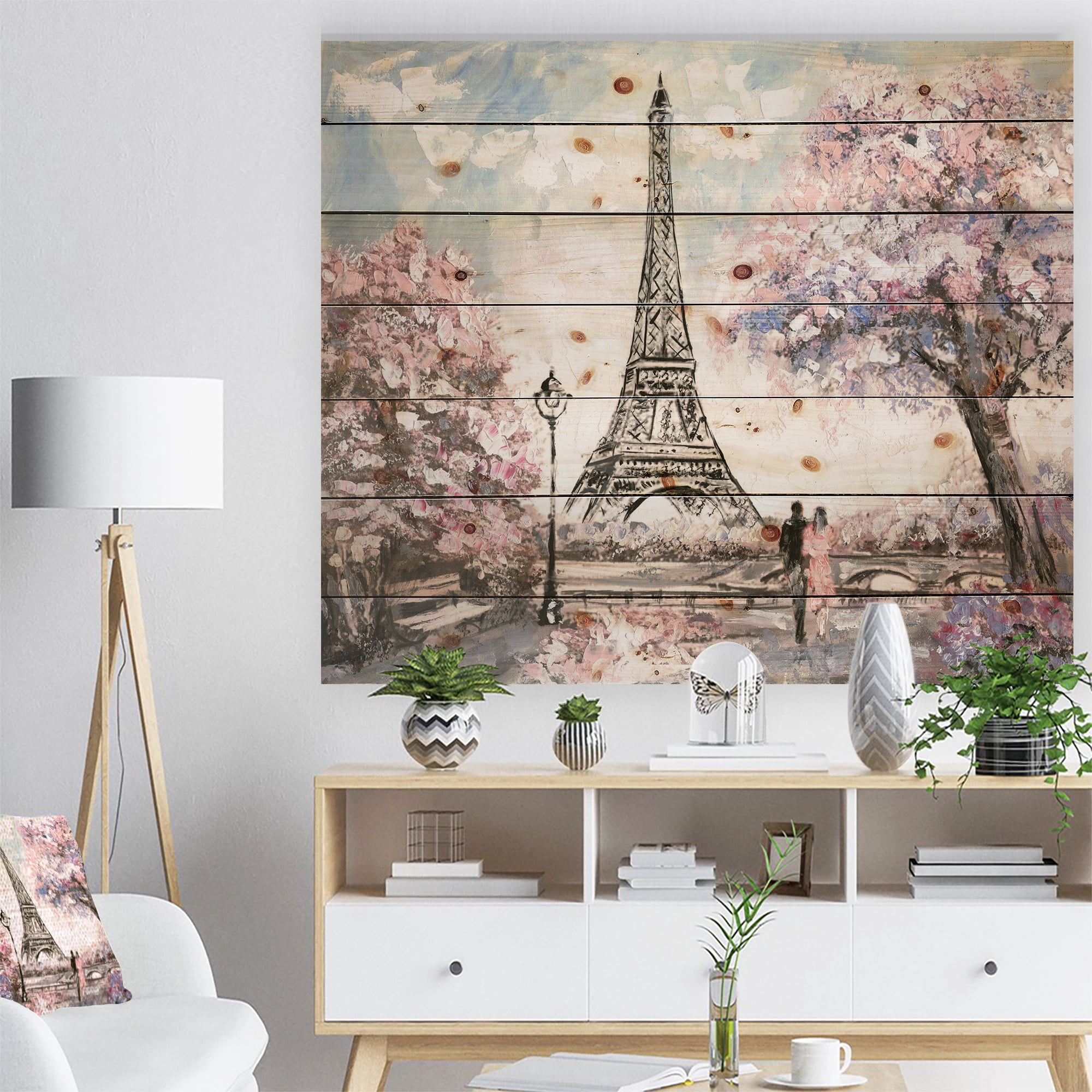 Designart 'Pink Flowers With Eiffel Tower' Landscape Print on Natural Pine Wood