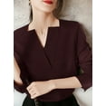 thumbnail image 4 of Niche Satin Design V-Neck Solid Color Puff Long-Sleeved Blouse, Burgundy, Large, 4 of 5