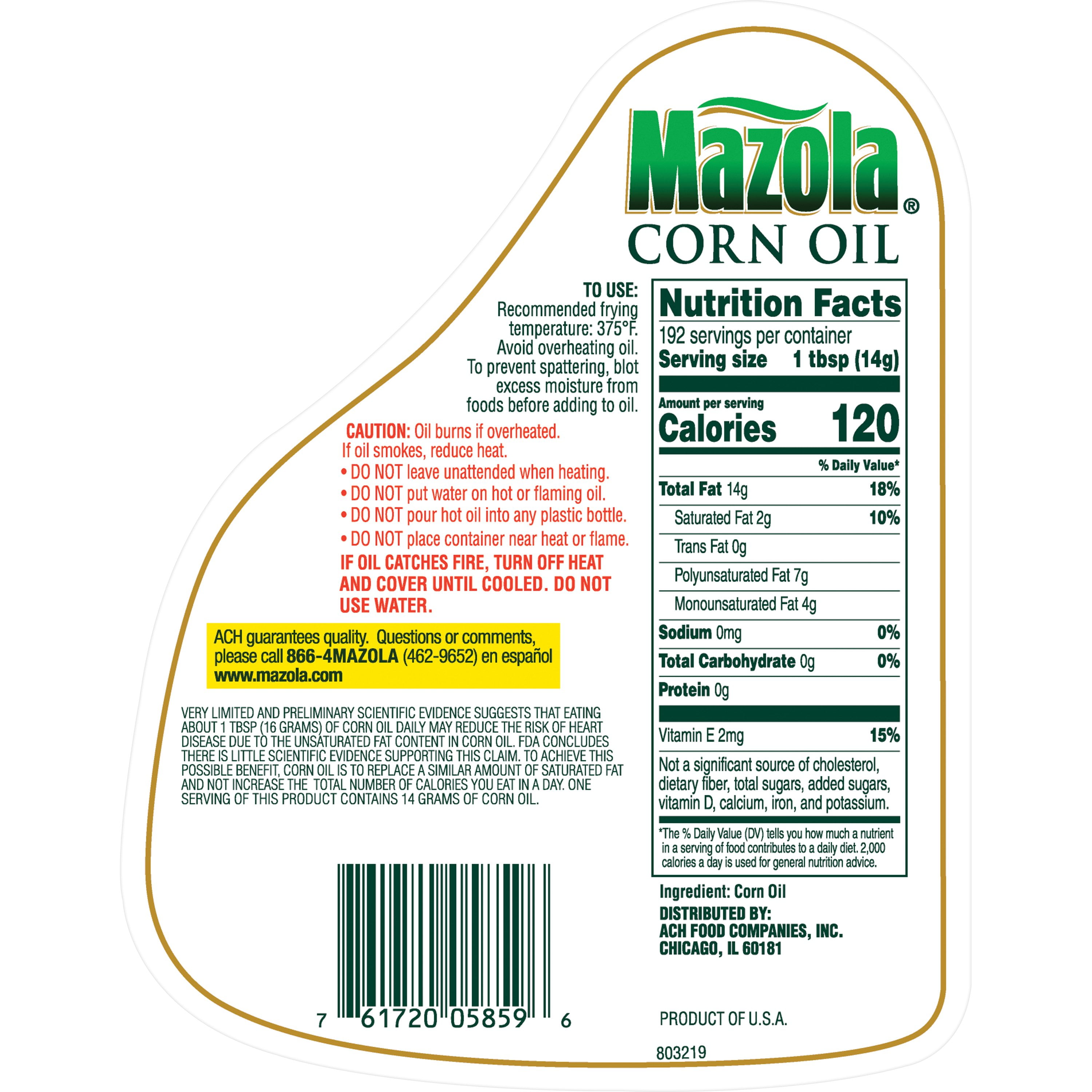 Mazola 100% Pure Cholesterol Free Corn Oil, 96 fl oz, Contains Soy