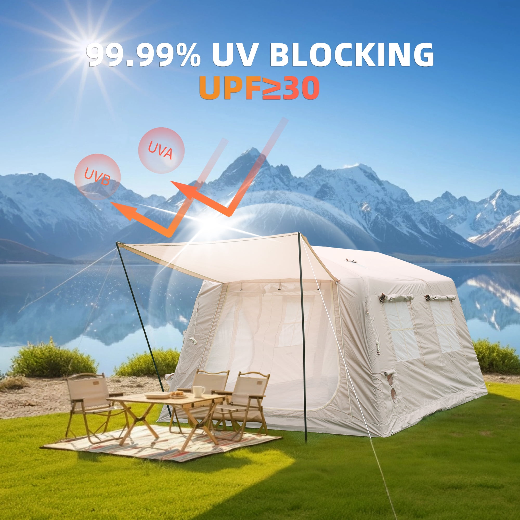 Inflatable Camping Tent with Detachable Canopy, 11m² Large Space Blow Up Tent, Waterproof 420D Oxford Air Tent with N300 Mesh Windows, Quick Setup for Family Glamping