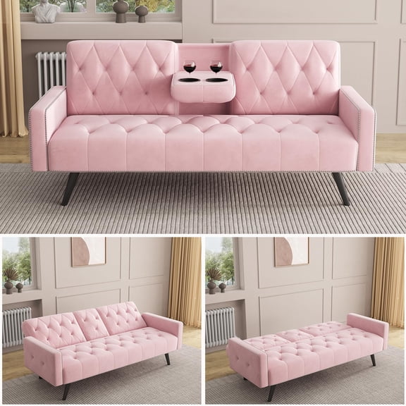 YWEN Futon Sofa Bed Convertible Sleeper Couch with Adjustable Backrest for Living Room,Modern Velvet Loveseat with 2 Cup Holders,72" Small Couch for Small Spaces,Bedroom,Office,Apartment (Pink)
