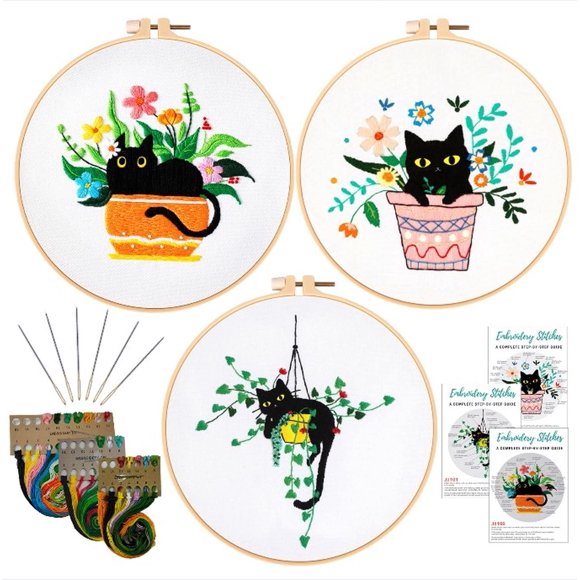 Kit de bordado Nuberlic Cute Cat para adultos con aros e hilos
