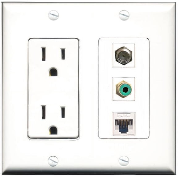 RiteAV - 15 Amp Power Outlet 1 Port RCA Green 1 Port Coax 1 Port Cat5e Ethernet White Decorative Wall Plate