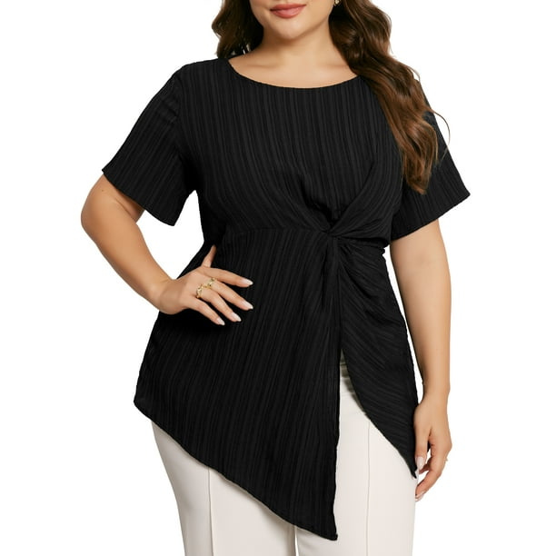 GRACE & GRANDEUR Blusas Tallas Grandes para Mujeres con Dobladillo Asimétrico, Cuello Redondo, Manga Corta, Camiseta con Nudo Torcido 4X Negra