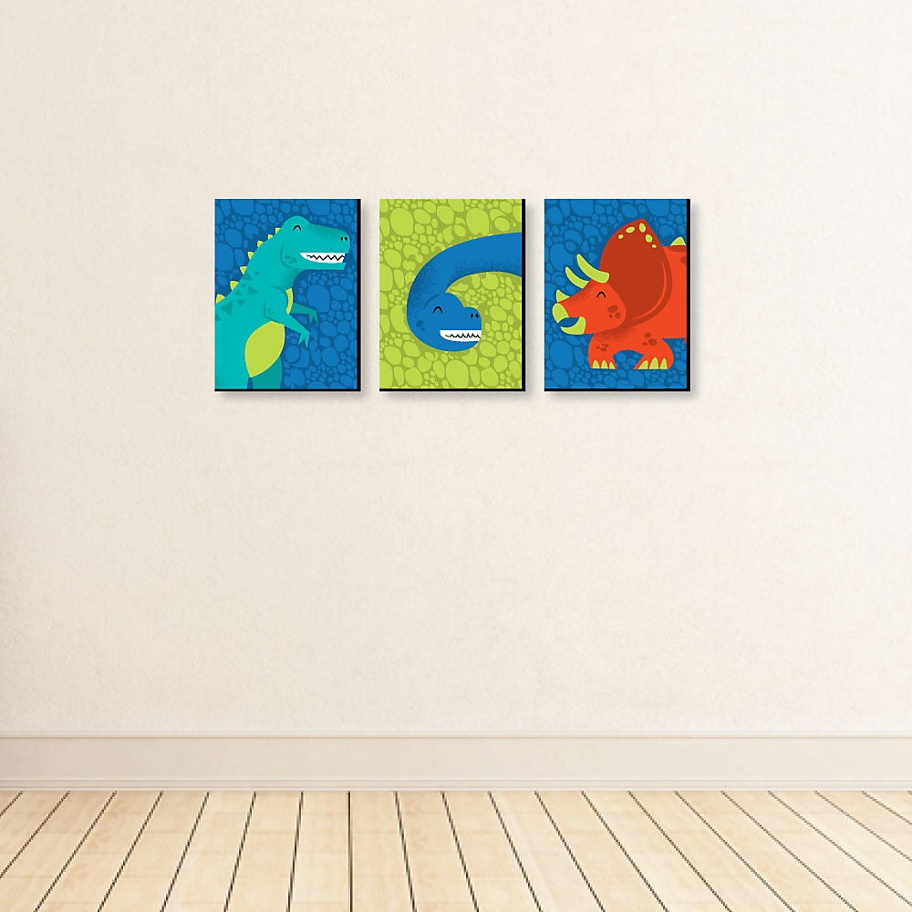 Big Dot of Happiness Roar Dinosaur - Dino Mite T-Rex Nursery Wall Art and Kids Room Decorations - Gift Ideas - 7.5 x 10 inches - Set of 3 Prints