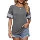 thumbnail image 1 of Top Mujer Manga A Rayas Cuello Redondo Manga Corta Suelta Camisa Básica Informal Top para Verano Gris XL, 1 of 8