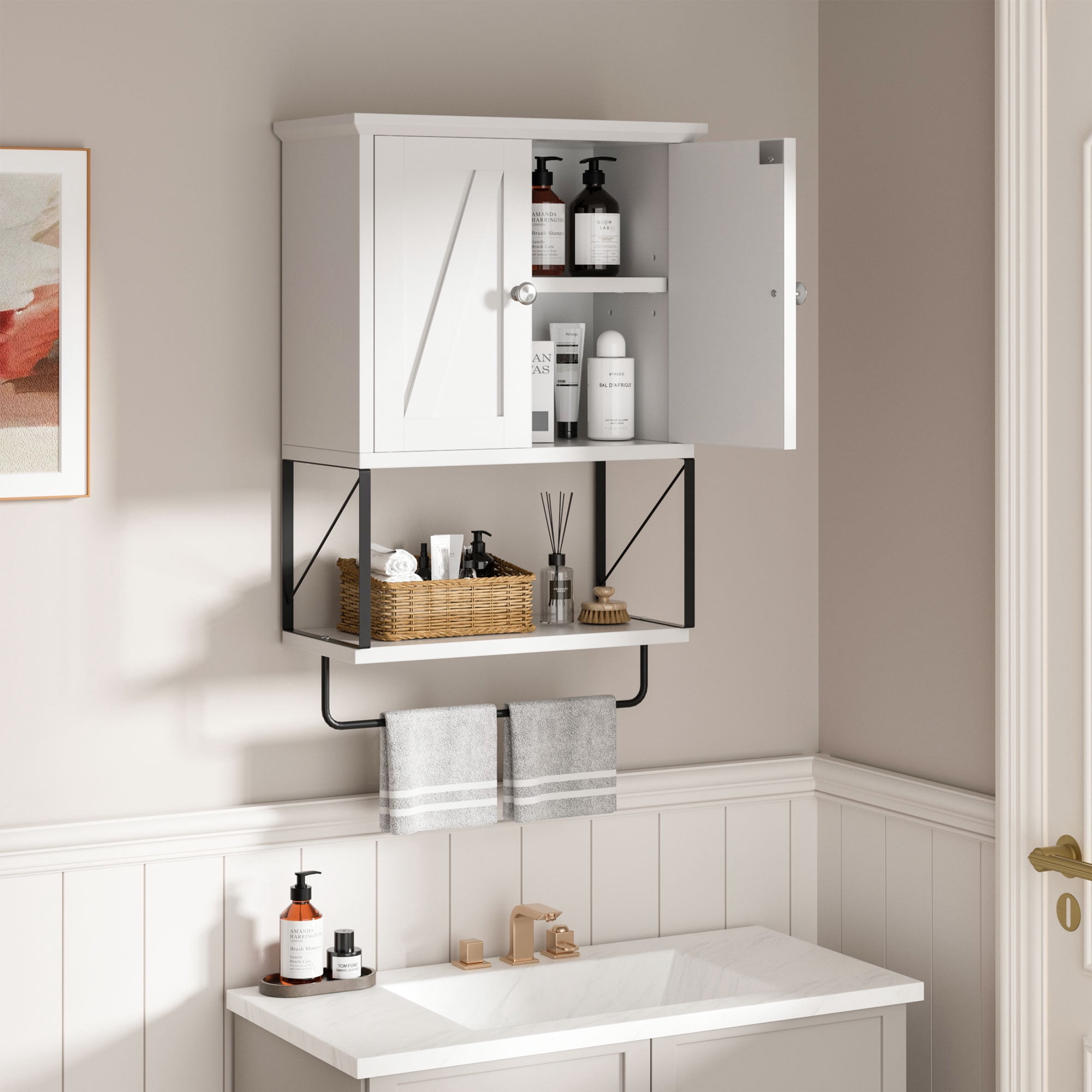 Walsunny Medicine Bathroom Cabinet，Wall-mounted Storage Cabinet, One Completely Open Compartment, with Steel Pipe Rack for Hanging Towels and Kitchen Utensils, Suitable for Kitchen
