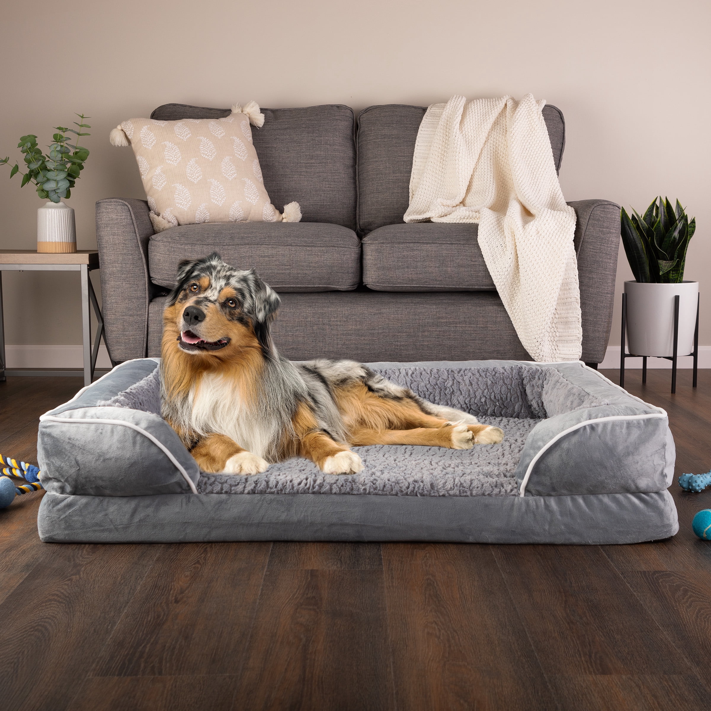 PETMAKER Orthopedic Dog Bed with Bolster and Removable Washable Cover, Gray