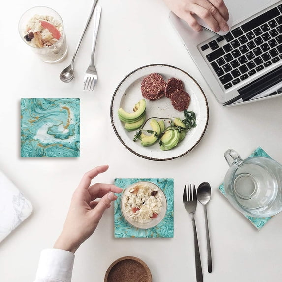 FMSHPON Marble Set of 4 Coaster for Drinks, Absorbent Ceramic Stone Coasters Cup Mat with Cork Base for Home Kitchen Room Coffee Table Bar Decor