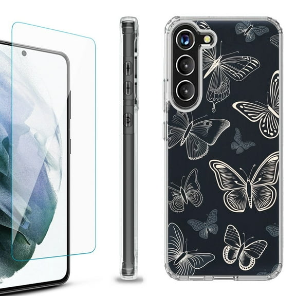 Shockproof Bumper Phone Case for Samsung Galaxy S23 5G, with Tempered Glass Screen Protector, by OneToughShield ® - Butterfly BW