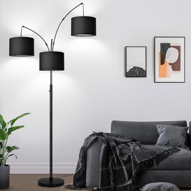 Lámpara de pie regulable Nintiue de 203 cm, 3 luces LED, pantallas negras