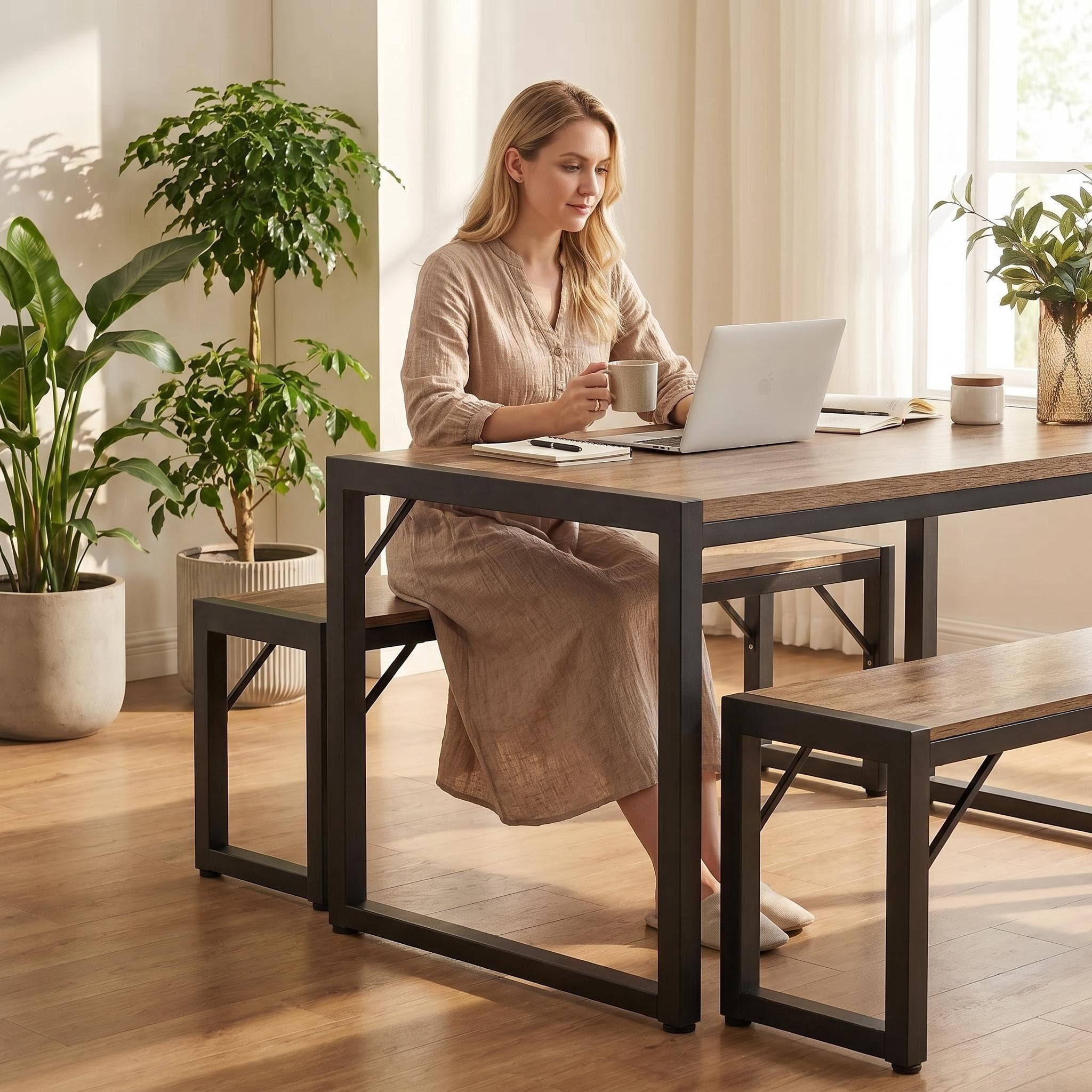 Lofka 3-Piece Modern Kitchen Dining Table Set for 4 with 1 Table & 2 Benches, Gray