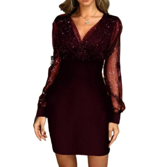 Galener mesh V-neck sequined evening dress, slimming and sexy dress