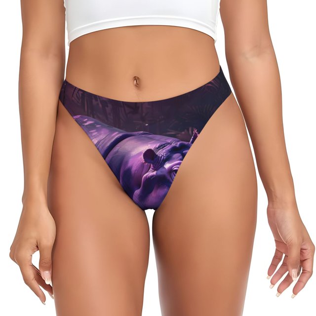 Fotbe Purple Hippo In Water Tanga Sin Costuras para Mujer con Estampado – Panties Invisibles, Transpirables y Cómodos para Uso Diario-Medium