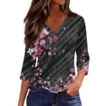 thumbnail image 2 of Womens 3/4 Length Sleeve V Neck Tunic Tops Casual Floral Printed Loose Fit Dressy Blouses for Work Black S, 2 of 5