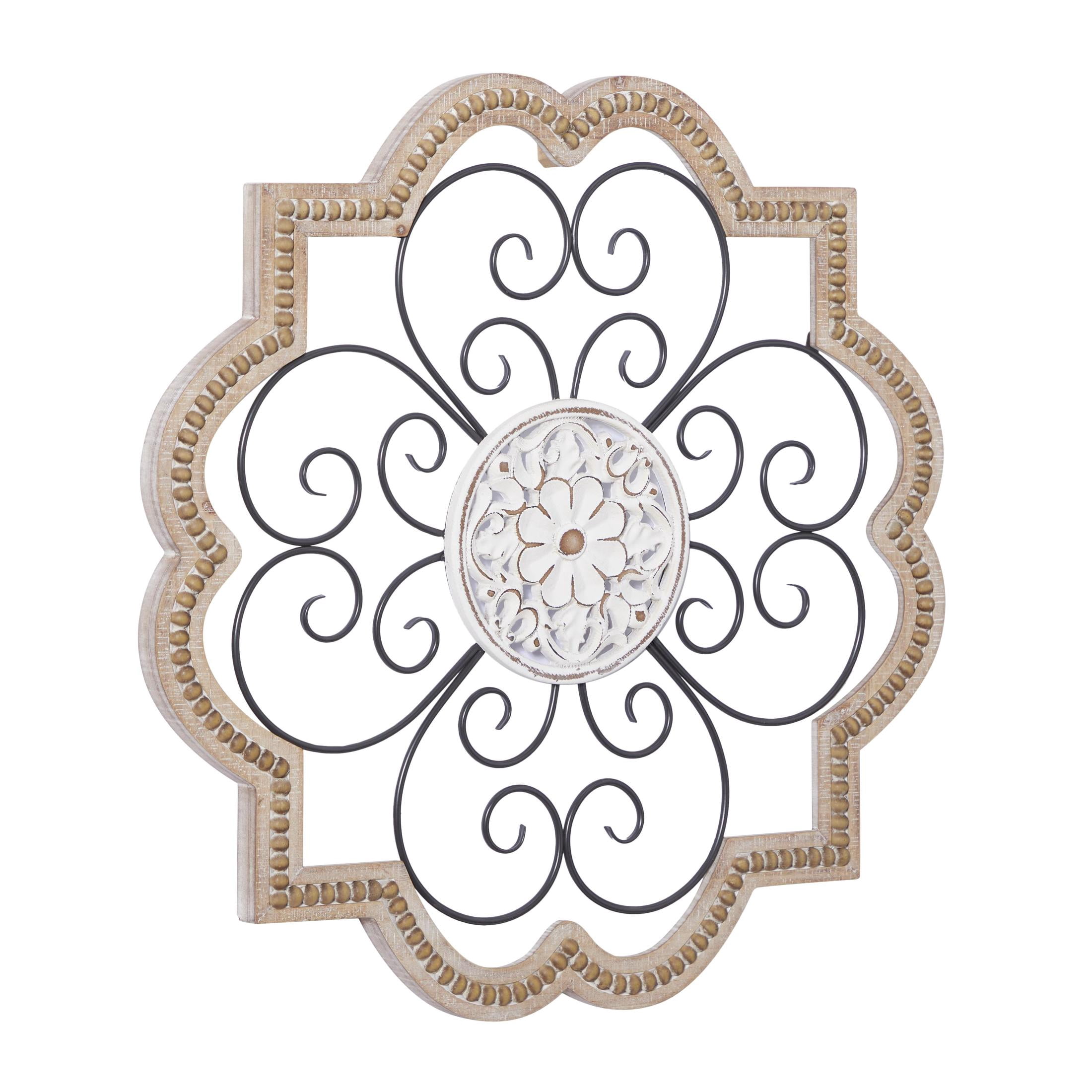 DecMode Brown Wooden Carved Beading Scroll Wall Decor with Metal Accents
