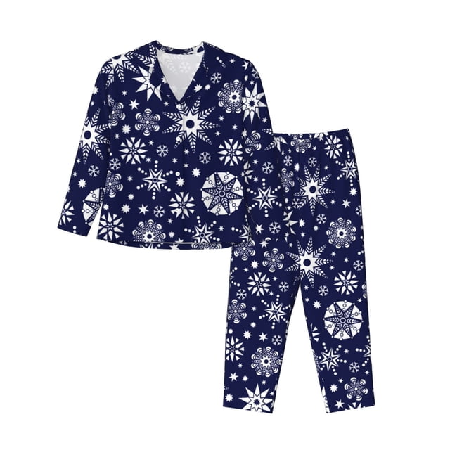 Fotbe Snowflakes2 Conjunto de Pijama de Manga Larga para Mujer con Estampado, Ropa de Dormir de 2 Piezas, Conjunto de Casa Suave y Cómodo con Bolsillos-Large