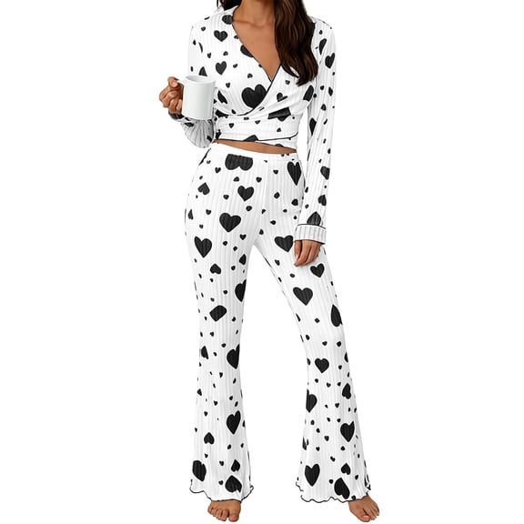 Hugcore Womens Long Sleeve Pajama Sets Women Pajamas Cute Ribbed Top and Pants 2 Piece Sleepwear Y2K Sleepwear Nightwear Soft Pajamas Black L