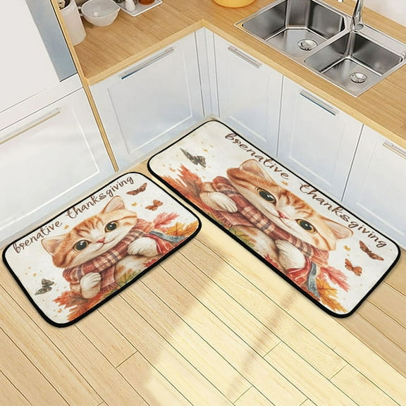 Kitchen Rugs and Mats【2 PCS】Non Skid Thanksgiving Cat Creative Kitchen Mat