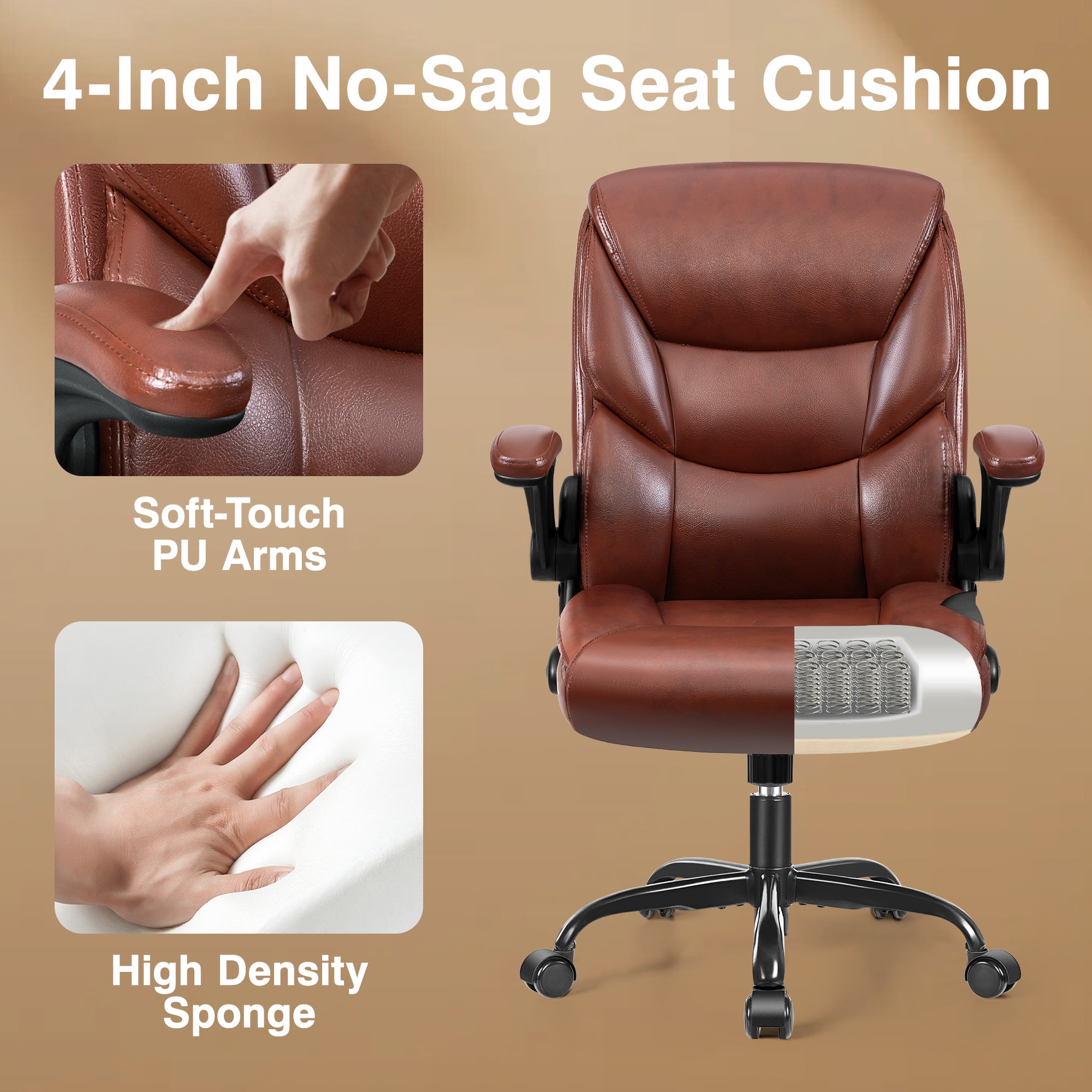 Primy Compact PU Leather Office Chair - Ergonomic Adjustable Height Computer Desk Chair with Flip-Up Armrests, Mid-Back Executive Swivel Chair on Wheels for Small Spaces & Petite Users, Brown
