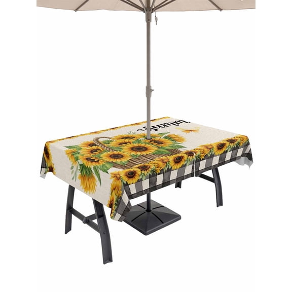 Outdoor Tablecloth with Umbrella Hole for Patio/Picnic/Party/Camping, Sunflowers Waterproof Table Cloth Rectangle Table Cover Washable, Farmhouse Retro Flowers Butterfly Checkered (60"x 84")