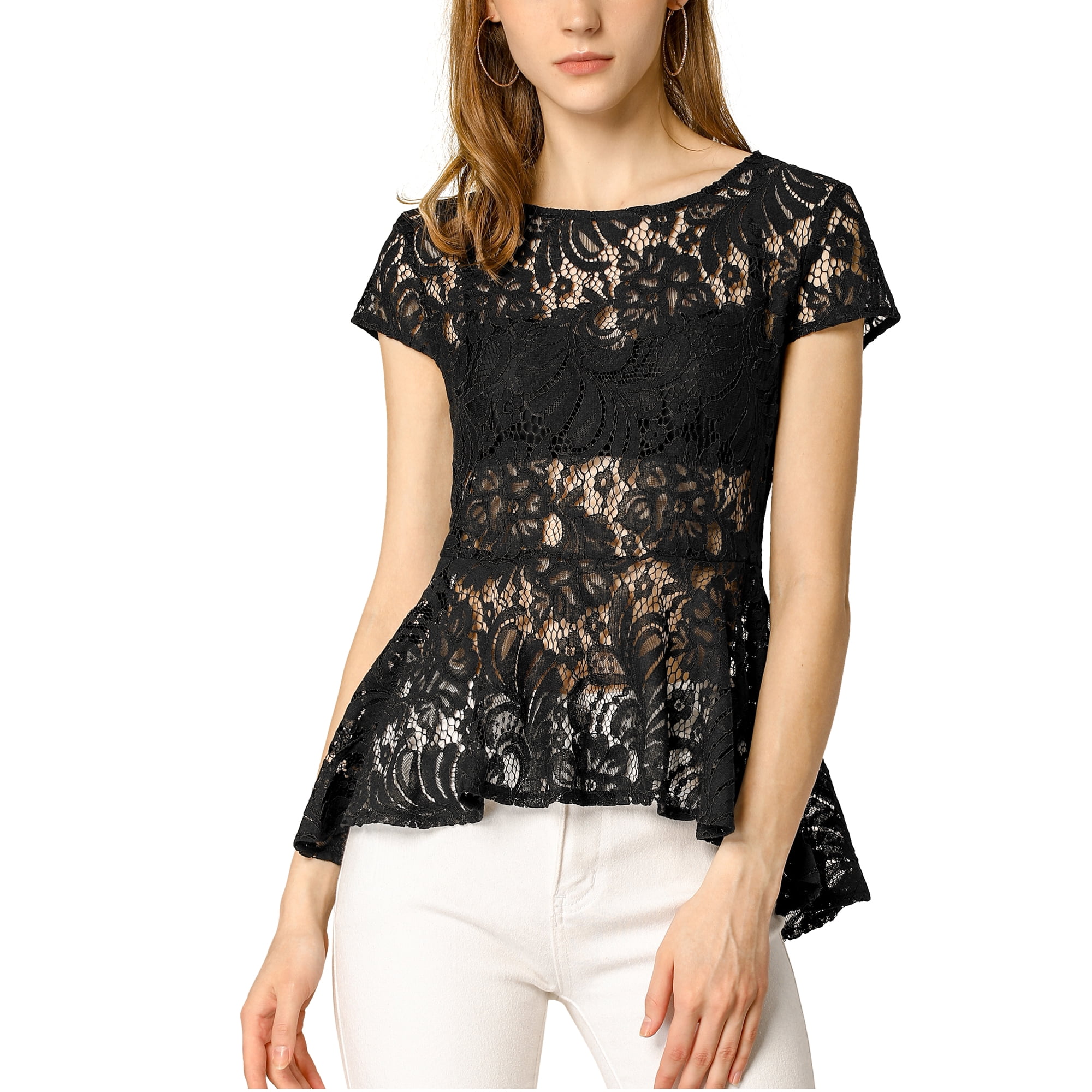 Unique Bargains Juniors Round Neck Cap Sleeves High Low Hem Lace A Line Peplum Blouse