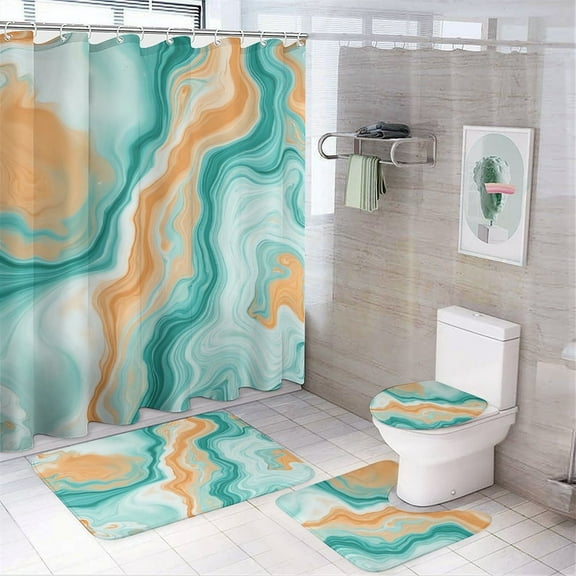 Marble Swirl Teal Orange Shower Curtain Bathroom Sets Toilet Lid Rug, Bath Mat And Contour Mat, Shower Curtain 4Pcs