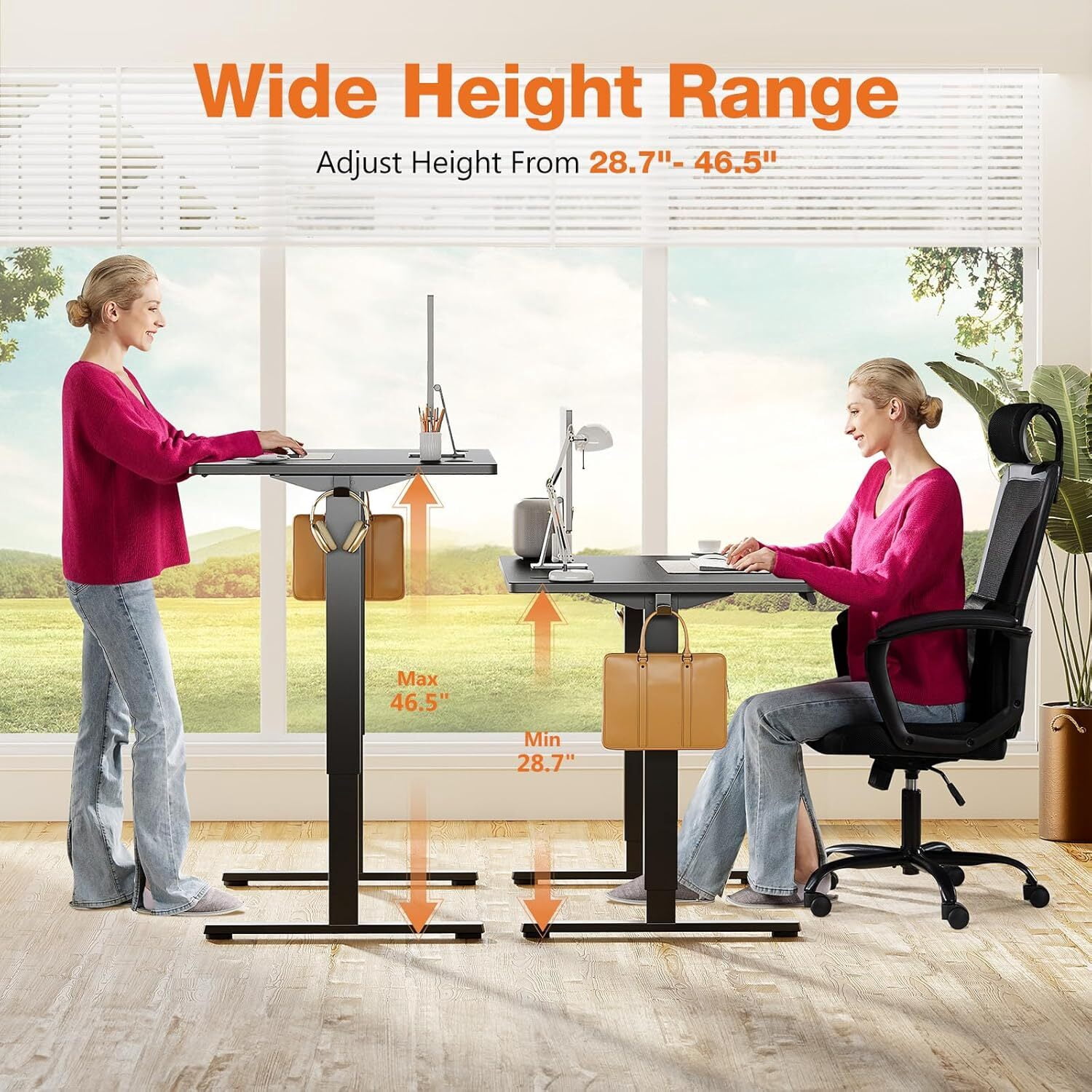 AENKYO Electric Height Adjustable Standing Desk with T-Shaped Metal Frame, Ergonomic Home Office Workstation for Computer, Modern Sit to Stand Desk，Black