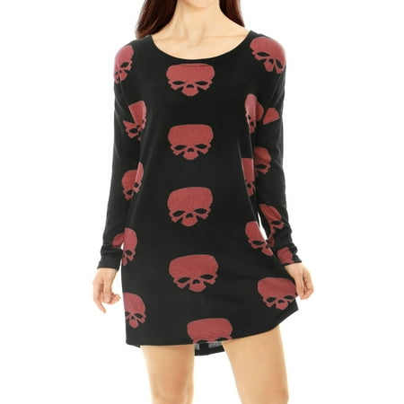 - Women's Long Sleeves Scoop Neck Skull Printed Tunic Knit Shirt Blouse Tops
