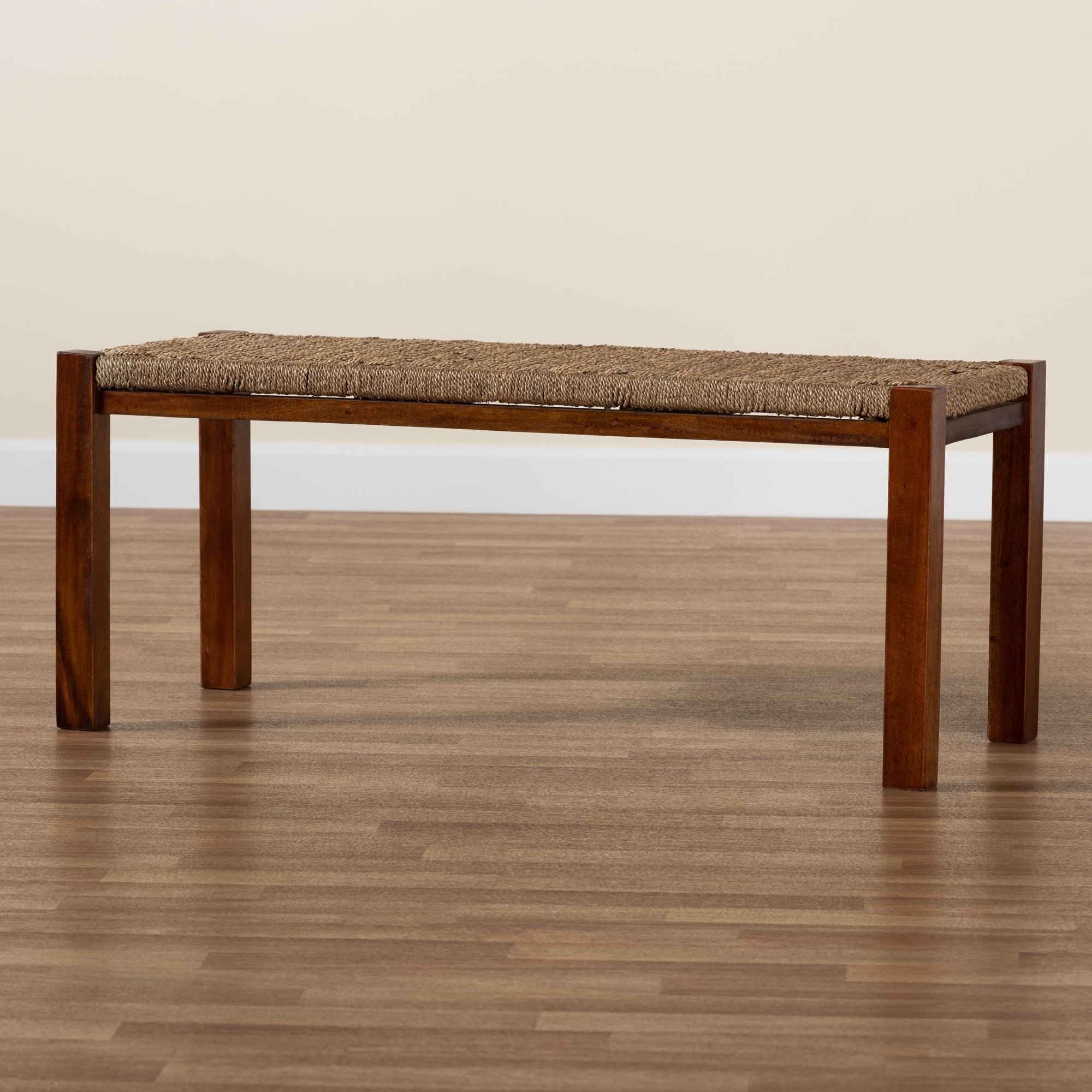 bali & pari Hermes Seagrass and Mahogany wood Transitional Bench, Walnut Brown