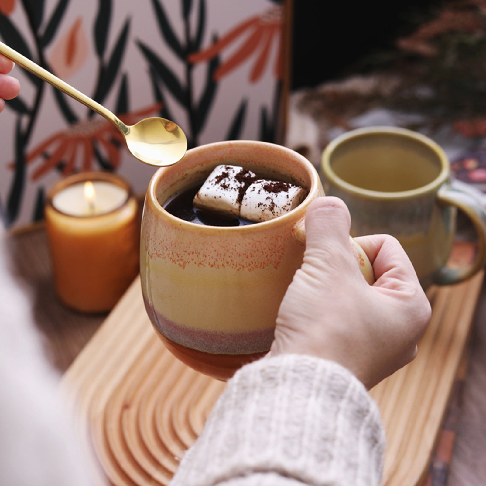 Espresso cup, coffee cup, color gradient, coffee mug with spoon, porcelain mug, thick-walled handle cup, tea cup, milk mug, gift for girls and men, 500 ml