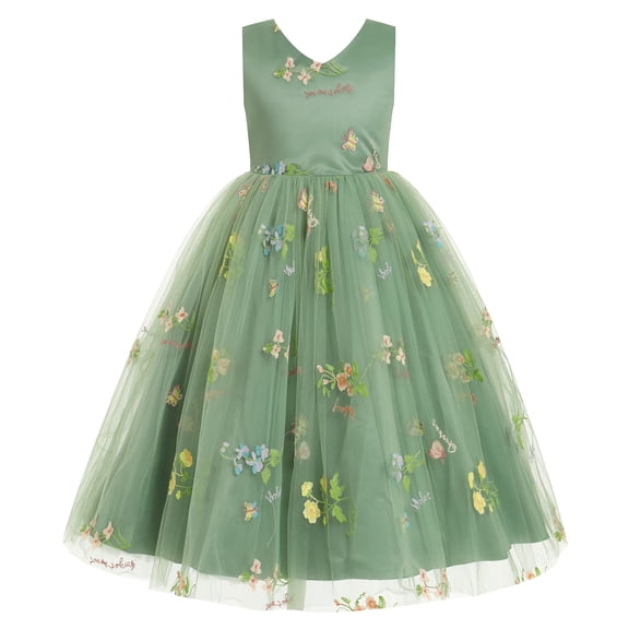 IDOPIP Embroidery Flower Girl Lace Tutu Dress for Kids Wedding Pageant Birthday Party First Communion Dresses Princess Bridesmaid Ball Maxi Gown 11-12 Years Green