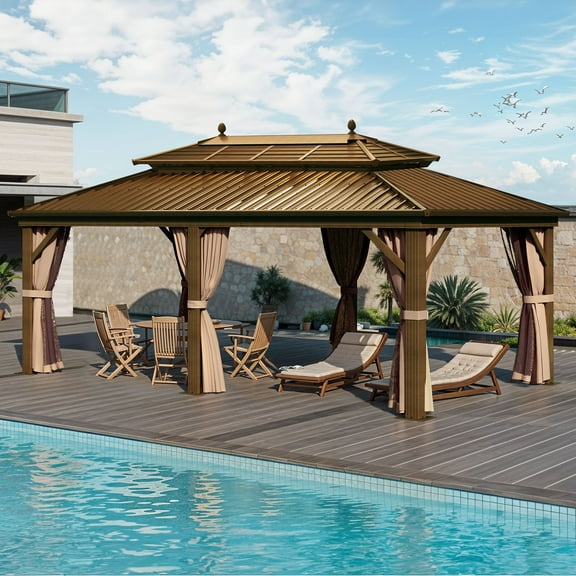Dextrus 12'x20' Double Roof Hardtop Gazebo with Nettings & Curtains,Heavy Duty Galvanized Iron Aluminum Canopy,Sunshade for Garden, Patio, Lawns, Bronze