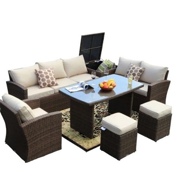 7 Piece Brown Steel Outdoor Sectional Sofa Set with Ottomans & Storage Box, 179.85 x 31.89 x 32.68 in.