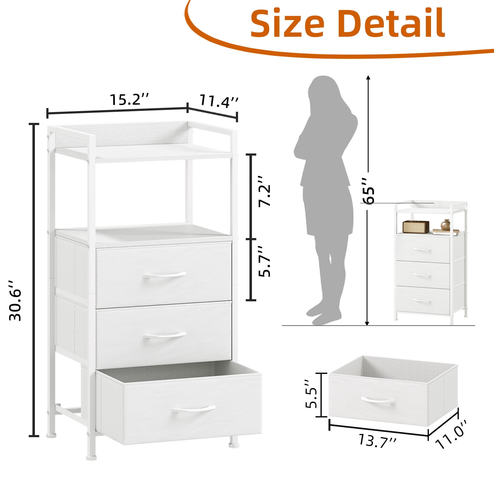 Eunos Small White Nightstand, 3 Vertical Fabric Drawer Dresser for Bedroom, Living Room, Hallway