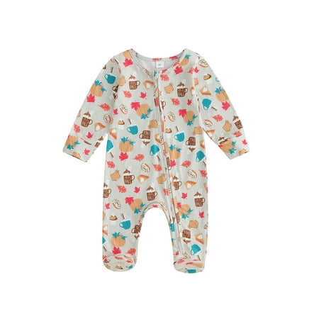 

Douhoow Baby Boy Girl One Piece Halloween Pajamas Zipper Footed Jumpsuits Long Sleeve Pumpkin Print Sleepwear Infant Romper Nightwear