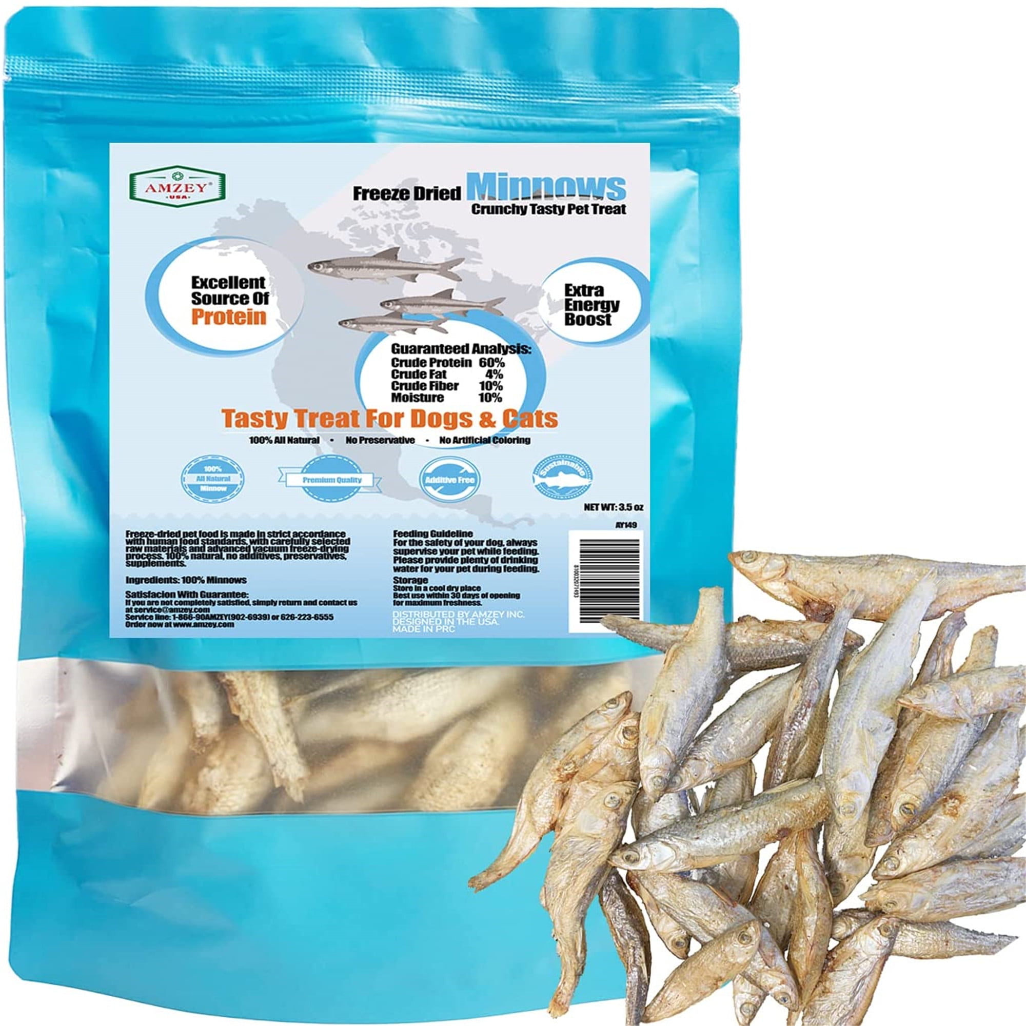 Amzey Freeze-Dried Minnows Family Size Dogs Cats Treats - 100% Natural - 7oz