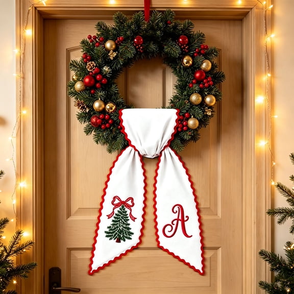 Personalized Christmas Wreath Sash with Monogram and Embroidery Christmas Tree for Front Door, A